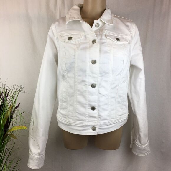 Old Navy White Cotton Denim Trucker Long Sleeve Jean Jacket L - Picture 2 of 11